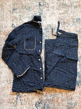 Derek Rose Navy Star-Print Pajama Top with White Piping